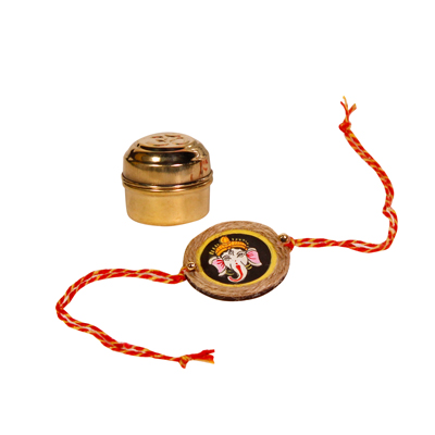 Custom painted Ganesha jute rakhi with roli chawal in brass tin for Unique Rakhi Festivity