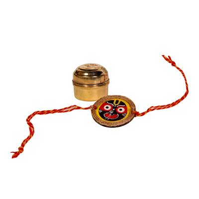 Handpainted Jagannath jute rakhi with roli chawal in a brass tin