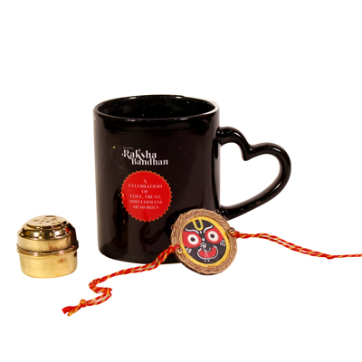 Raksha Bandhan curated bundle: Jagannath rakhi, heart looped mug, brass tin