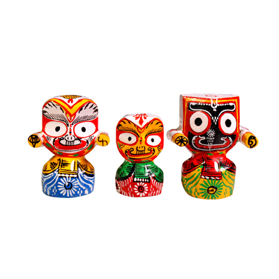 Hand-Carved Wooden Murti Set: Jagannath, Subhadra, Balaram