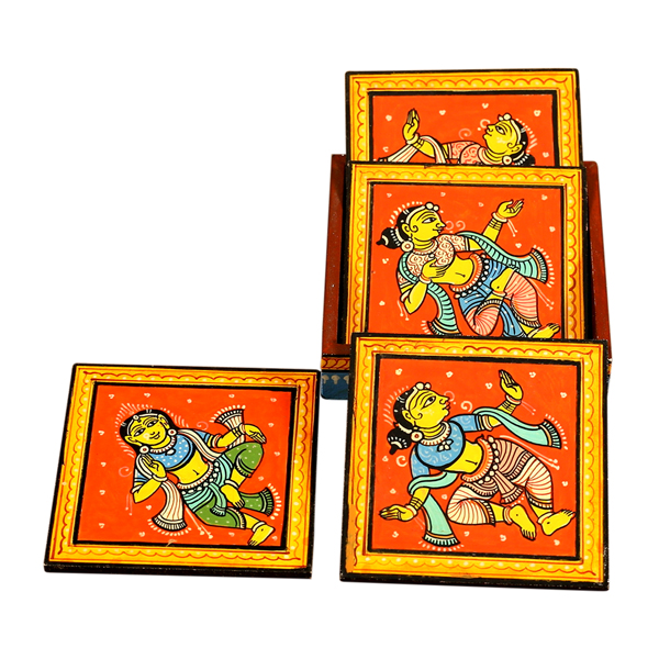 Hand-Painted Patta Chitra Coaster in Red (Set of 4)