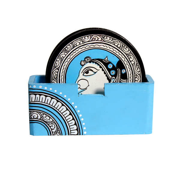 Hand-Painted Patta Chitra Coasters in Light Blue (Set of 4)